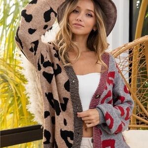 Leopard Print Cardigan Sweater - Tan and Red
